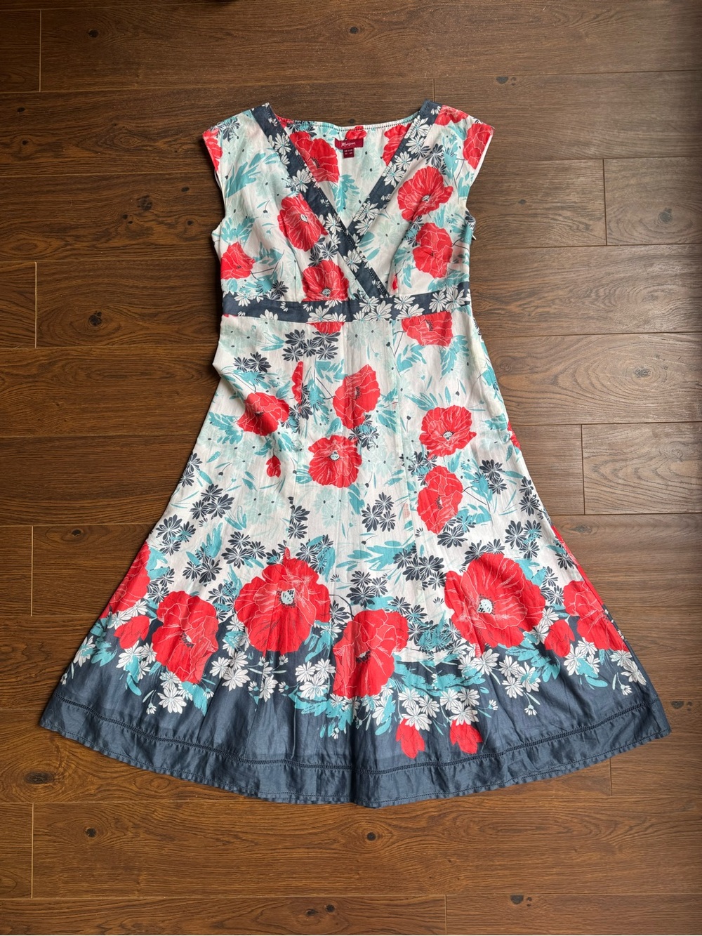 Monsoon White Midi Dress with Red Floral Print and Blue Trim